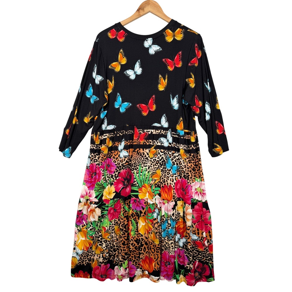 New Johnny Was Sandra 3/4 Sleeve Tiered Dress XL Black Butterfly Floral Leopard - Picture 2 of 13